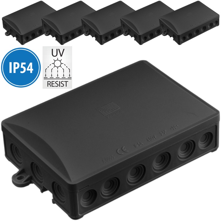 Doza, Cutie de Derivatie, Exterior, Set 5 Bucati, Interconectabile, Montaj Aplicat, 18 Intrari, Montarea Capacului ( Cu Presiune), UV Rezistenta, Halogen Free, IP54, 157X95X40mm, Negru, Pawbol