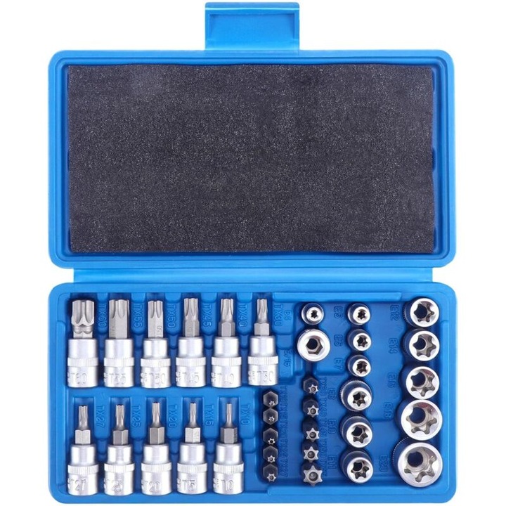 Set de chei Torx 34 piese, bituri Torx T10-T60, dimensiuni socket E4-E20, otel crom vanadiu