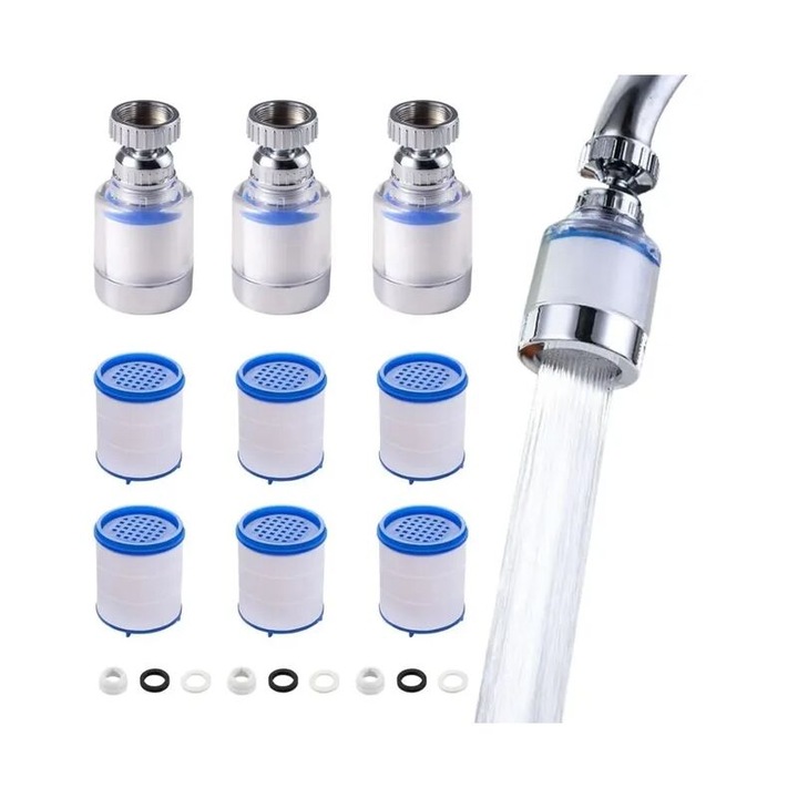 Filtru de apa pentru robinet, 3 piese, rotativ 360°, transparent, cu 6 elemente filtrante din bumbac PP, set