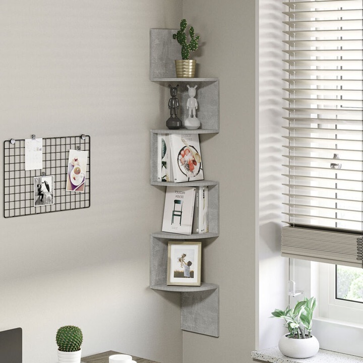Sarokpolc, cikk-cakk design, 5 szintes, 20x20x126cm, szürke