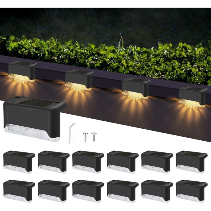 Set 12 Lampi Solare pentru Scari si Garduri, Alb Cald, Rezistente la Apa, LED, 12 buc