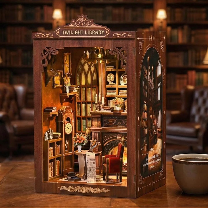 Миниатюрна къщичка Book Nook, Habarri, 10.5x12x17.5 см, Книгата до камината, 194 части, LED осветление, Включена музикална кутия, Защита от прах, Топла атмосфера, Декор за рафт с книги