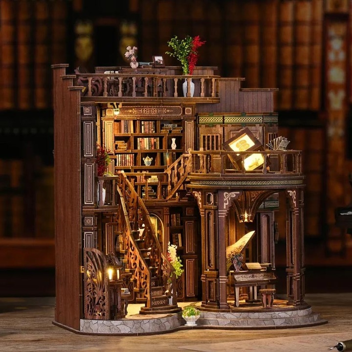 Miniatűr Könyvespolc Házikó, Habarri, 23x17x23 cm, FEHÉR Szalon, 888 Darab, Haladó Szint, Lézervágott Fa, LED Világítás, Prémium UV Részlet, DIY Kihívás, Elegáns Könyvtári Dekoráció