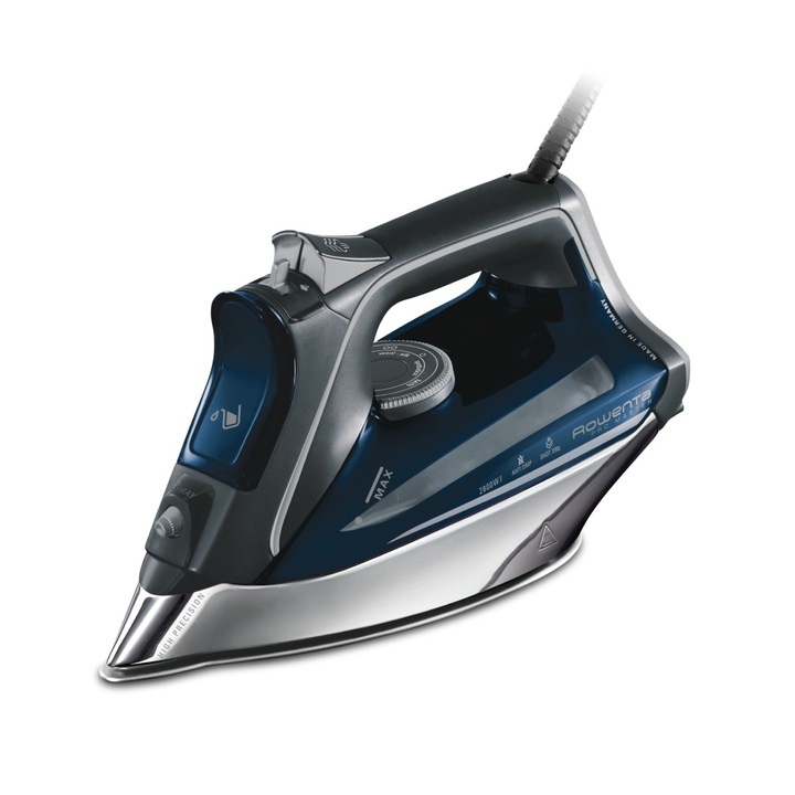 Fier de calcat cu abur Rowenta Pro Master DW8221D1, 2800 W, abur variabil 0-50 g/min, jet de abur 200 g/min, rezervor apa 310 ml, talpa Microsteam 400 HD Laser, functie antipicurare, functie autosteam, abur vertical, albastru & gri