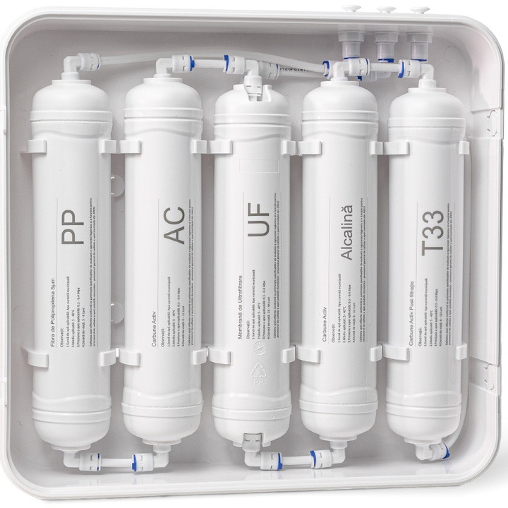 Sistem de purificare apa cu baterie Qube Aqua WAT 1434, cu 5 filtre Ultra Pure, PP, carbune activ, mambrana UF, alcalin, post GAC