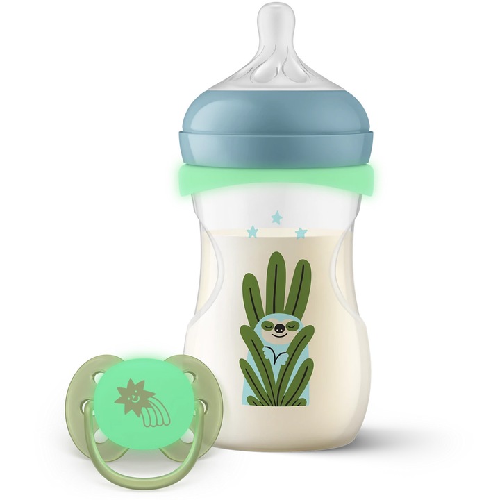 Set biberon + suzeta Philips Avent SCD838/17, biberon 260 ml cu inel fosforescent, suzeta 0-6 luni cu buton fosforecent