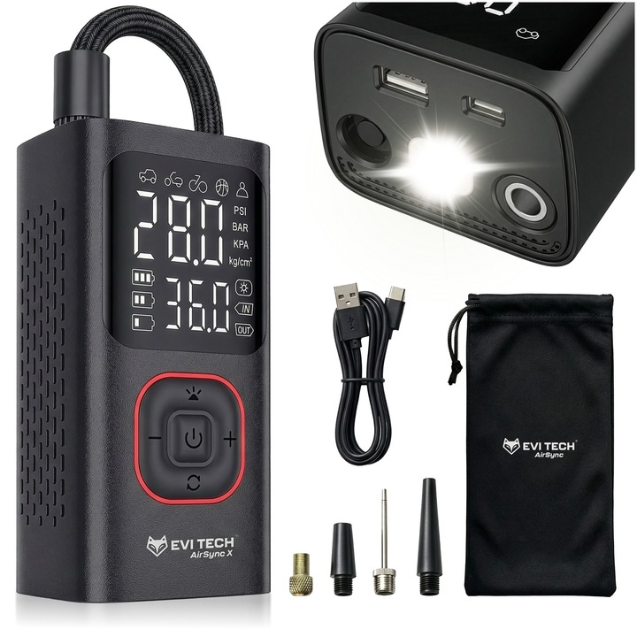 Compresor Auto/Bicicleta EVI TECH AirSync X, Pompa Electrica Portabila, Acumulator 4000mAh, 11 Bar, Auto-Stop, Functie Powerbank si Lanterna LED