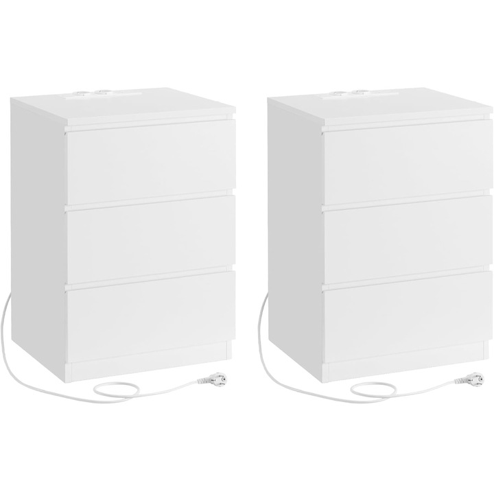 Комплект от 2 нощни шкафчета с чекмеджета, 2 контакта и 2 USB, 35x40x59 см, бяло