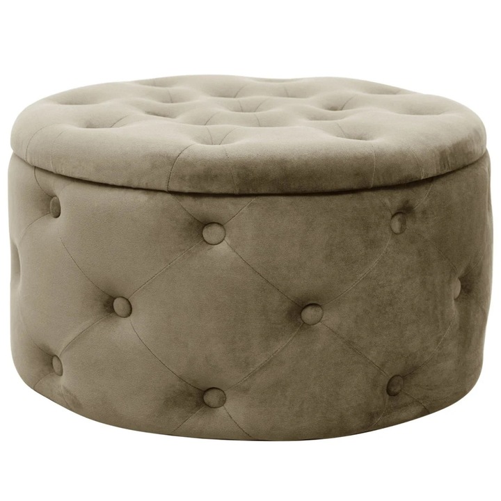 Kerek velúr tároló puff steppelt részletekkel, 55x30 cm, elegáns design, bézs