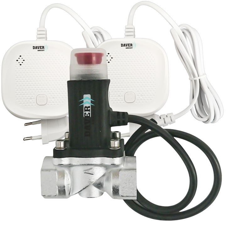 Sistem Smart Daver de detectie gaz cu doi senzori WIFI cu alimentare la 220V~ si electrovalva de gaz de 3/4"comanda 9V curent continuu, control SmartLife app
