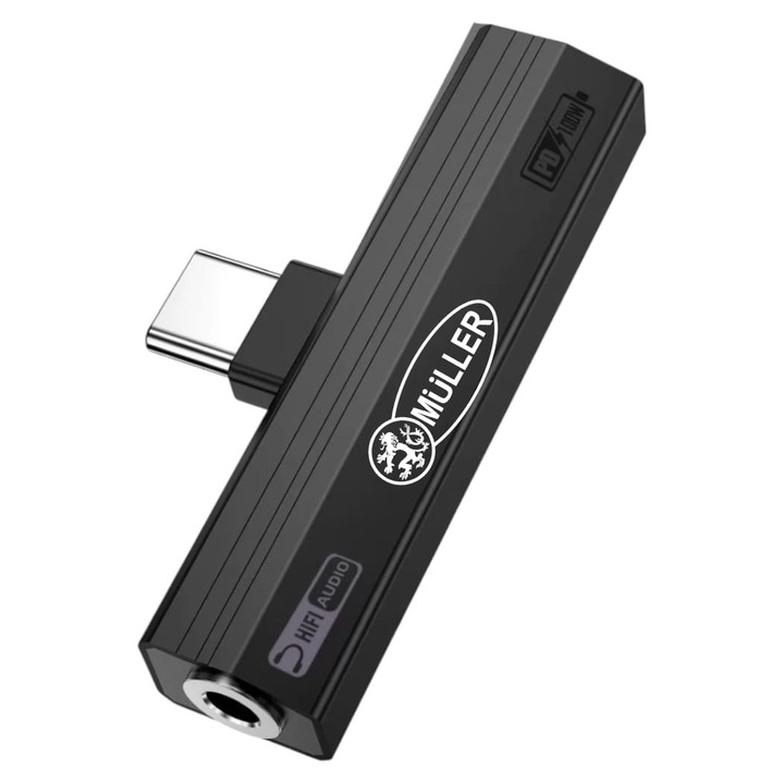 Adapter Muller®, C típusú és Jack 3.5 mm TRSS, DAC ADC 16bit 96Khz Hi-Res, Hi-Fi PD3.0 100W 20V 5A, Fekete