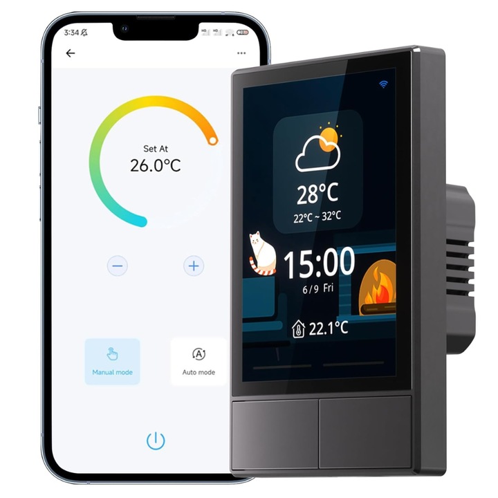 Panou de Control Inteligent WiFi, Touchscreen, Ecran 3.5 inch, 2 Canale, Control Temperatura, Vreme, Ora, Aplicatie Mobila, Control Vocal, Compatibil Amazon Alexa, Google Assistant, pentru Locuinta Smart, Negru
