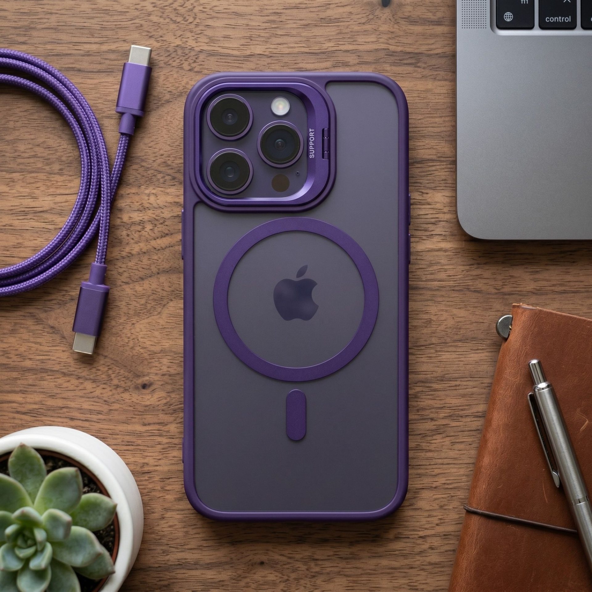 Husa de Protectie Telefon, Flippy, Compatibila cu iPhone 17 Pro Max, MagSafe, Acrylic, Suport Metalic Protectie Camera, Anti-Soc, Mov/Inchis