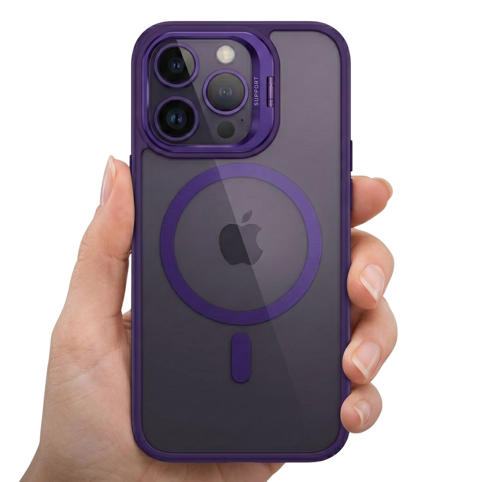 Husa de Protectie Telefon, Flippy, Compatibila cu iPhone 17 Pro Max, MagSafe, Acrylic, Suport Metalic Protectie Camera, Anti-Soc, Mov/Inchis