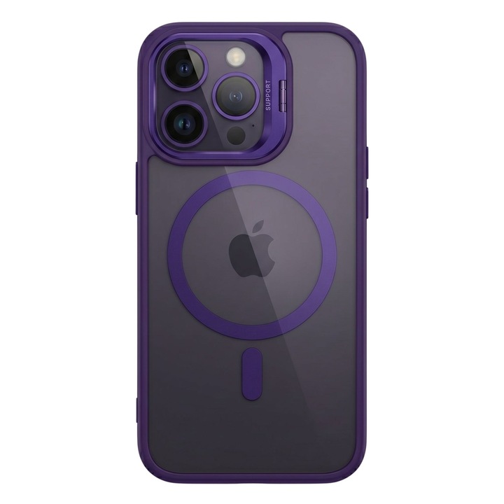 Husa de Protectie Telefon, Flippy, Compatibila cu iPhone 17 Pro Max, MagSafe, Acrylic, Suport Metalic Protectie Camera, Anti-Soc, Mov/Inchis