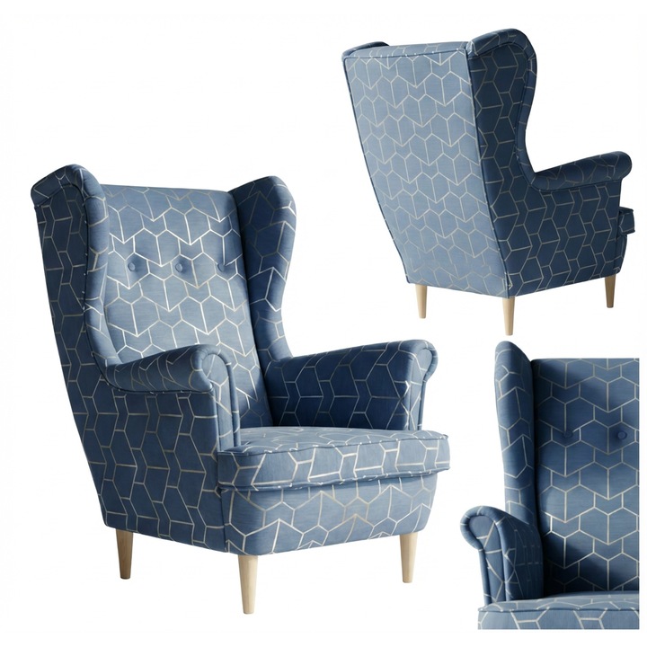 Skandináv füles fotel, kék, pasztell színű velúr mintával, Design Family Meble