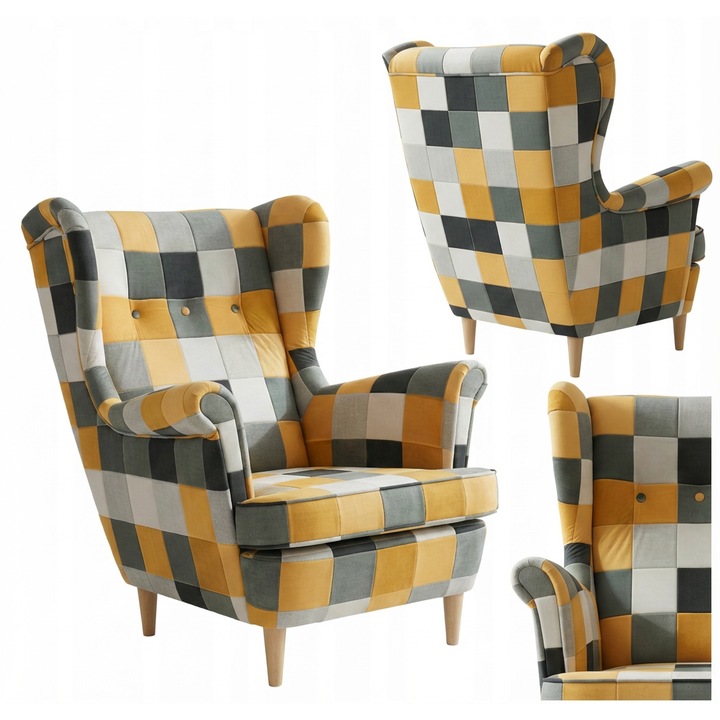 Skandináv füles fotel, kék, pasztell színű velúr mintával, Design Family Meble