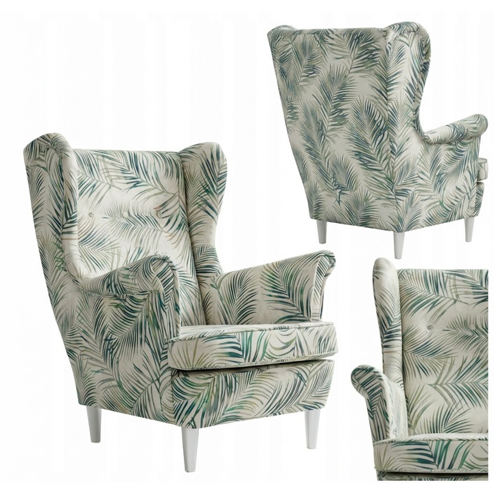 Skandináv füles fotel, kék, pasztell színű velúr mintával, Design Family Meble