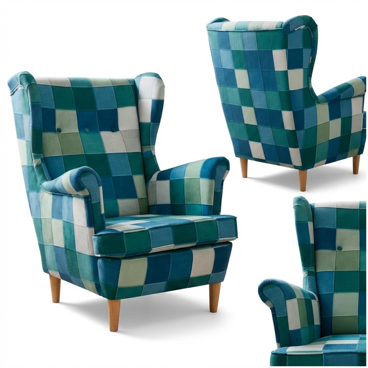 Skandináv füles fotel, kék, pasztell színű velúr mintával, Design Family Meble