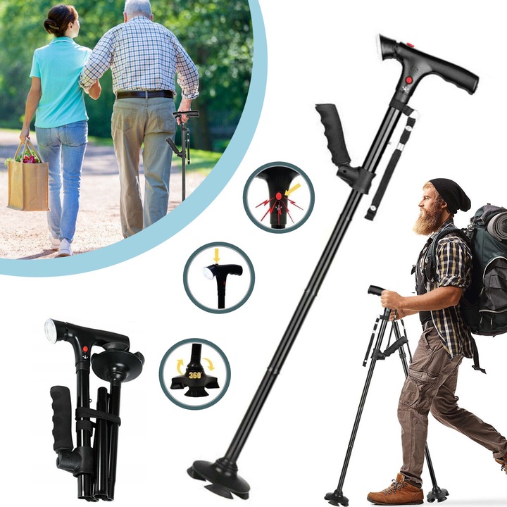 Baston Pliabil Din Aluminiu Cu Lumina Led Si Alarma, Bastoane Cu Inaltime Reglabila Potrivit Pentru Varstnici, Ajutor La Mobilitate, Cu 4 Picioare Antiderapante, Siguranta Si Stabilitate, Negru, 97cm
