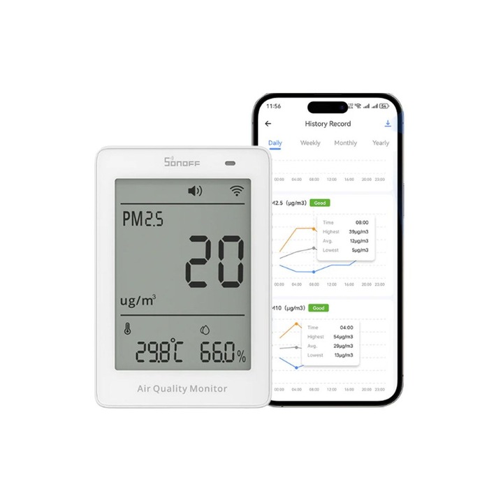 Senzor inteligent calitate aer Sonoff SAWF-07P, PM2.5, PM10, temperatura si umiditate, WiFi 2.4GHz, LCD, compatibil Matter, aplicatie eWeLink