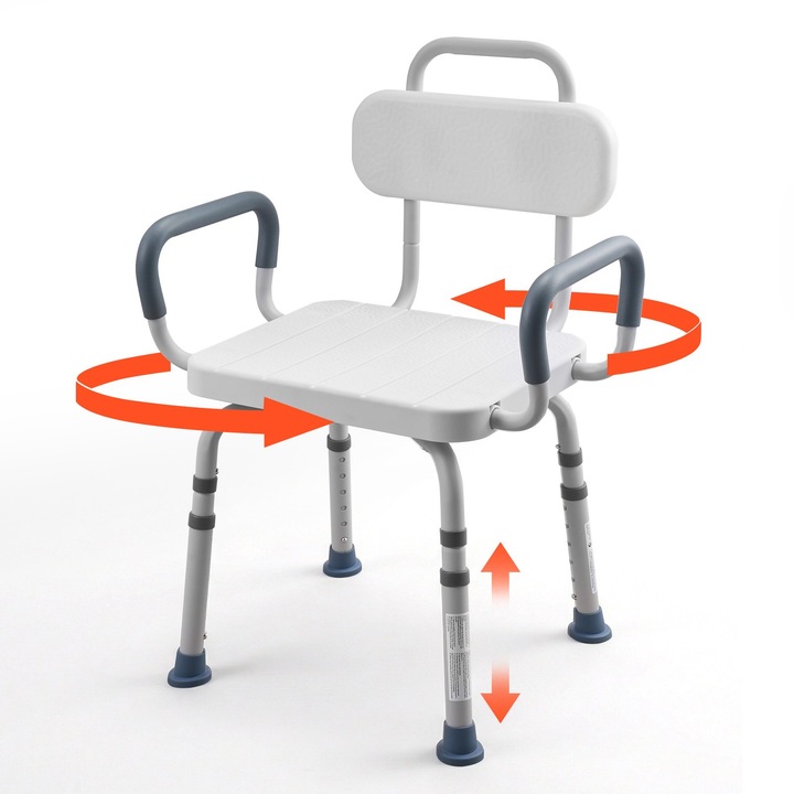 Scaun de dus rotativ cu brate si spatar, Capacitate 180 kg, Inaltime reglabila, Pentru cabina de dus si cada, Pentru adulti, seniori si persoane cu mobilitate redusa
