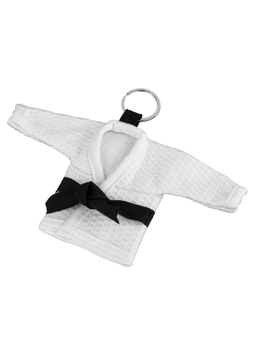 Mini BJJ kimonó kulcstartó, fehér, fekete övvel, szett