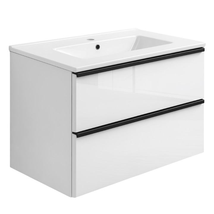 Dulap baie suspendat Inoba ONE 80x46x50cm, 2 sertare, alb lucios, cu chiuveta ceramica