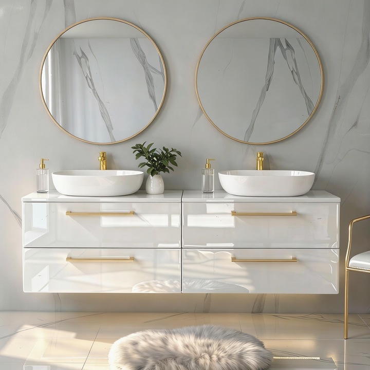 Dulap suspendat Inoba ONE, 120x46x50cm, 2 chiuvete ceramice, 4 sertare, alb