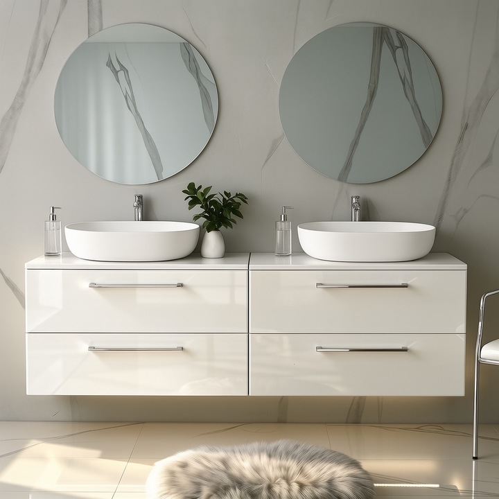 Dulap suspendat Inoba ONE, 120x46x50cm, 2 chiuvete ceramice, 4 sertare, alb