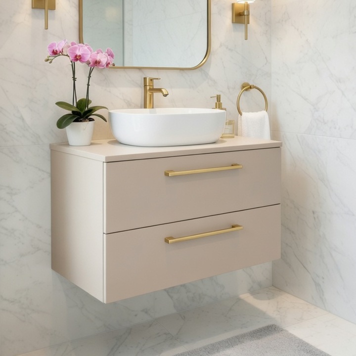 Sifonier baie suspendat ONE, 80x46x50cm, 2 sertare, blat si chiuveta ceramica, culoare casmir