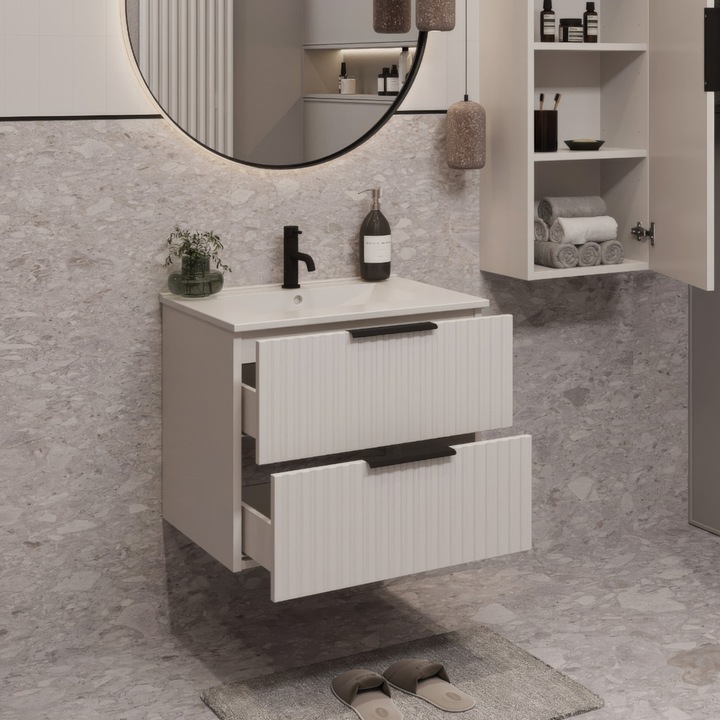 Dulap baie suspendat 60 cm Inoba, 2 sertare, umiditate ceramica, alb mat, 60x46x50cm