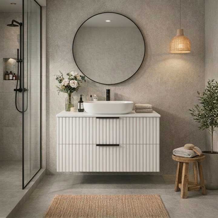 Dulap suspendat baie 80 cm, Inoba, 2 sertare, MDF, alb mat, cu lavoar ceramic