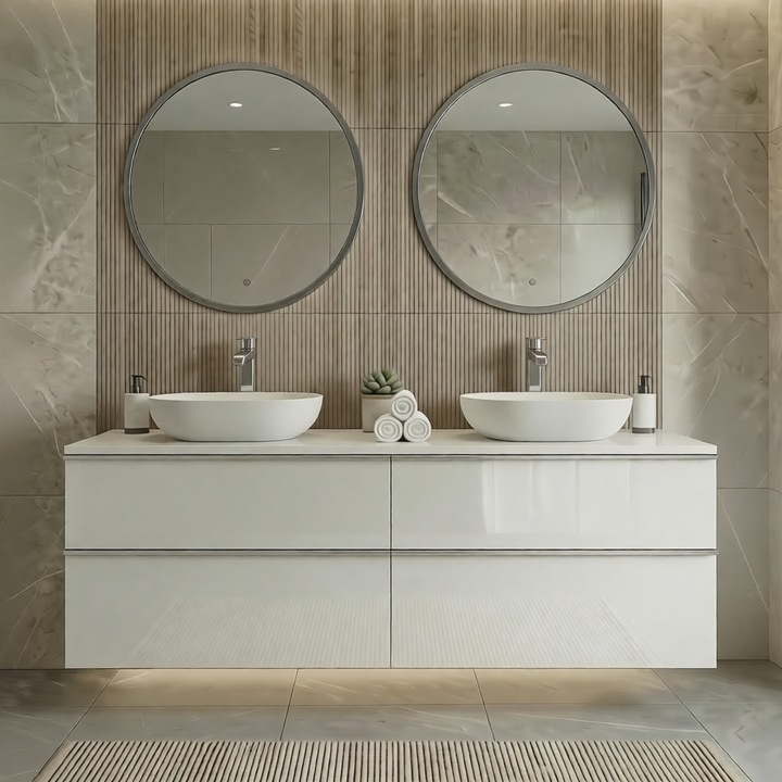Dulap suspendat Inoba ONE, 120x46x50cm, 2 chiuvete ceramice, 4 sertare, alb