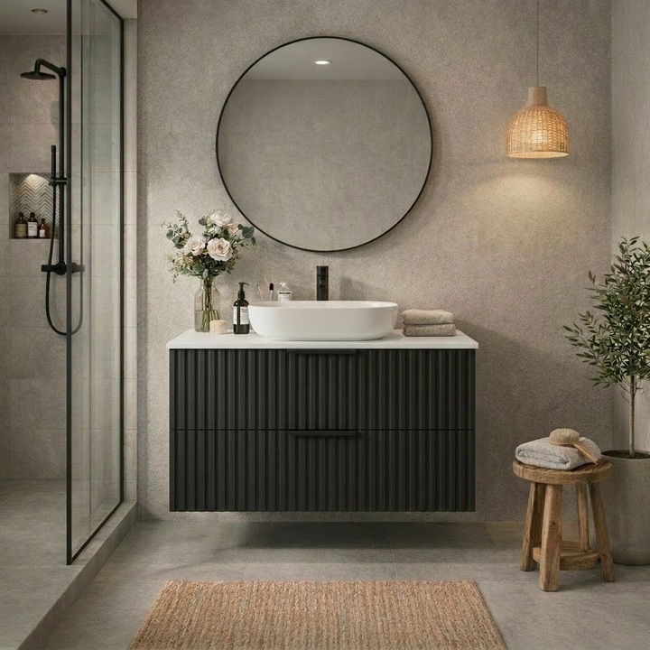 Dulap suspendat baie 60 cm, Inoba, 2 sertare, MDF ryflat, negru, cu lavoar ceramic