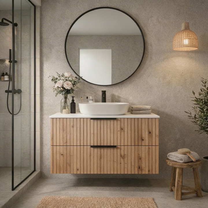 Sifonier suspendat baie 60 cm, Inoba, 2 sertare, MDF structurat, alb, cu lavoar ceramic