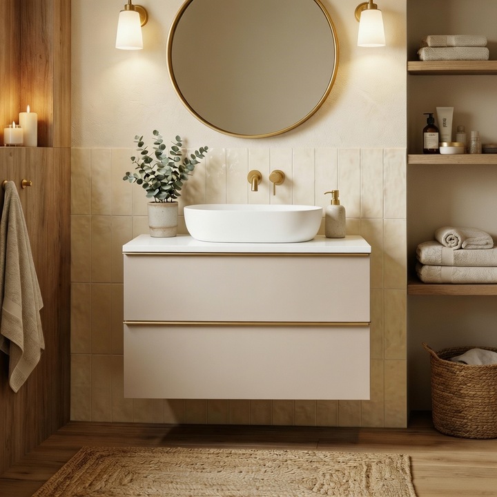 Dulap baie suspendat ONE, 80x46x50cm, 2 sertare, blat si chiuveta ceramica, culoare casmir