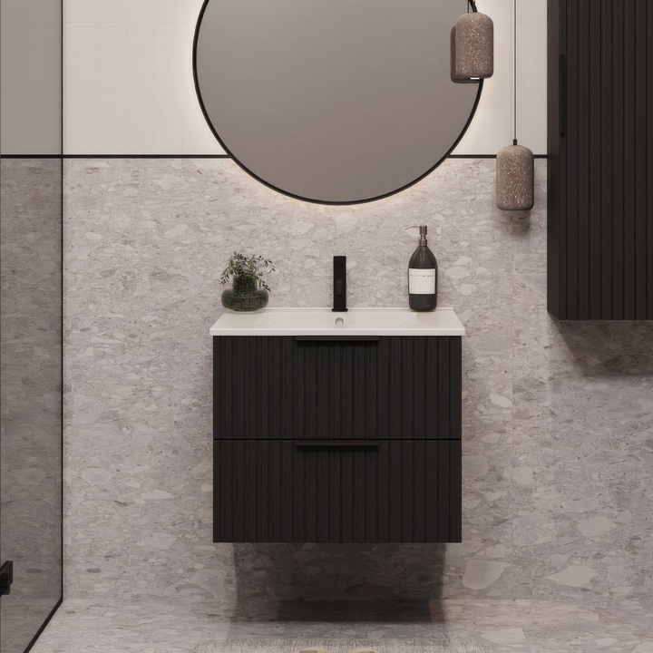 Dulap baie suspendat 60 cm Inoba, 2 sertare, ceramica, negru mat, 60x46x50cm