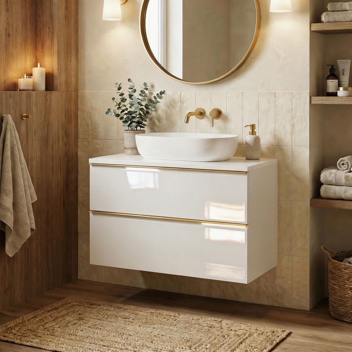 Set mobilier baie ONE, 60x46x50cm, 2 rafturi, umiditate ceramica, alb