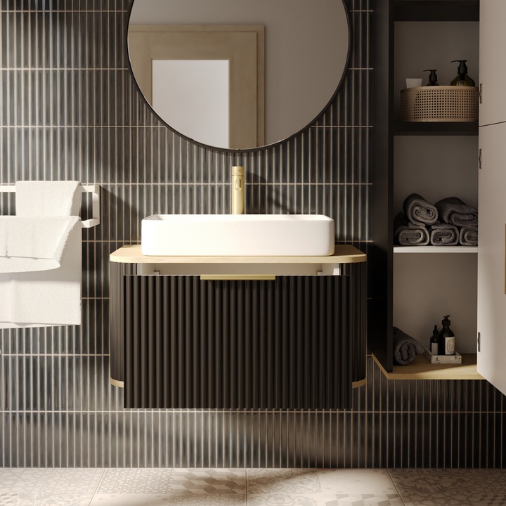 Dulap baie RIVELA, 80x40x46cm, MDF, negru cu blat Dab Cremona, montare pe perete