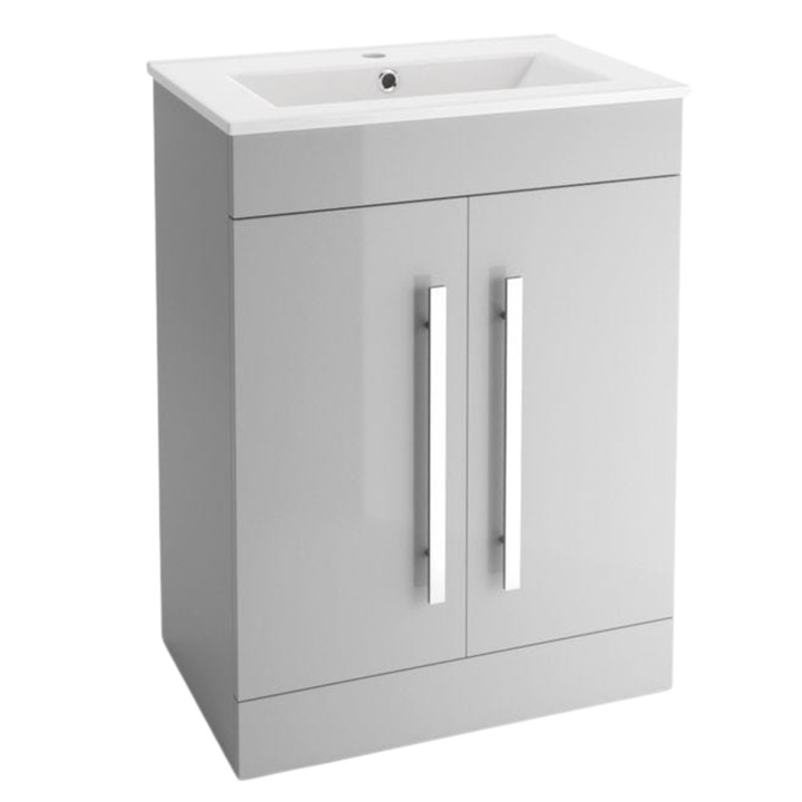 Dulap baie cu um sink, AVON, 60 cm, gri lucios, 2 usi, cu polita reglabila