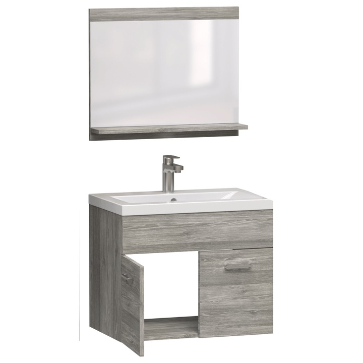 Set mobilier baie Puro, 60 cm, sifonier cu umiditate, oglinda, esenta de stejar gri
