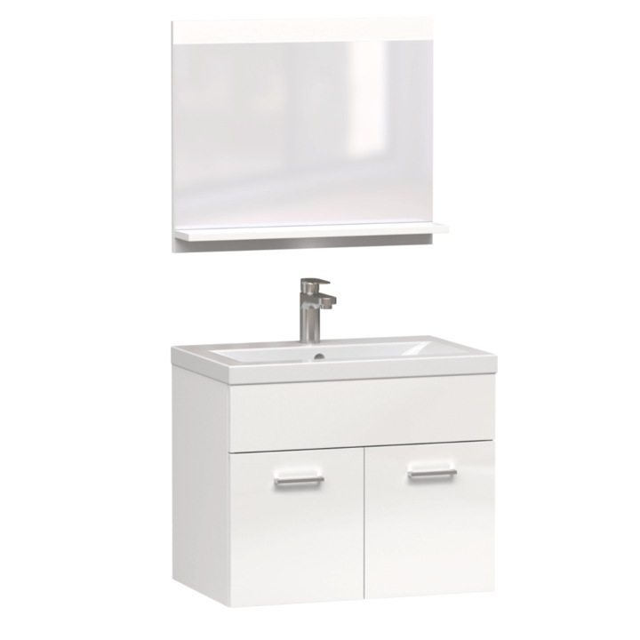 Set mobilier baie Puro, Inoba, 60cm, alb lucios, cu umywalka ceramica si oglinda