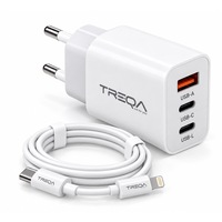 Incarcator retea TREQA CS‑236, Fast Charge 58W, 2×USB‑C + USB‑A, Auto‑ID, Adaptor priza, Compatibil iPhone/Android, Cablu USB‑C la Lightning inclus, Alb