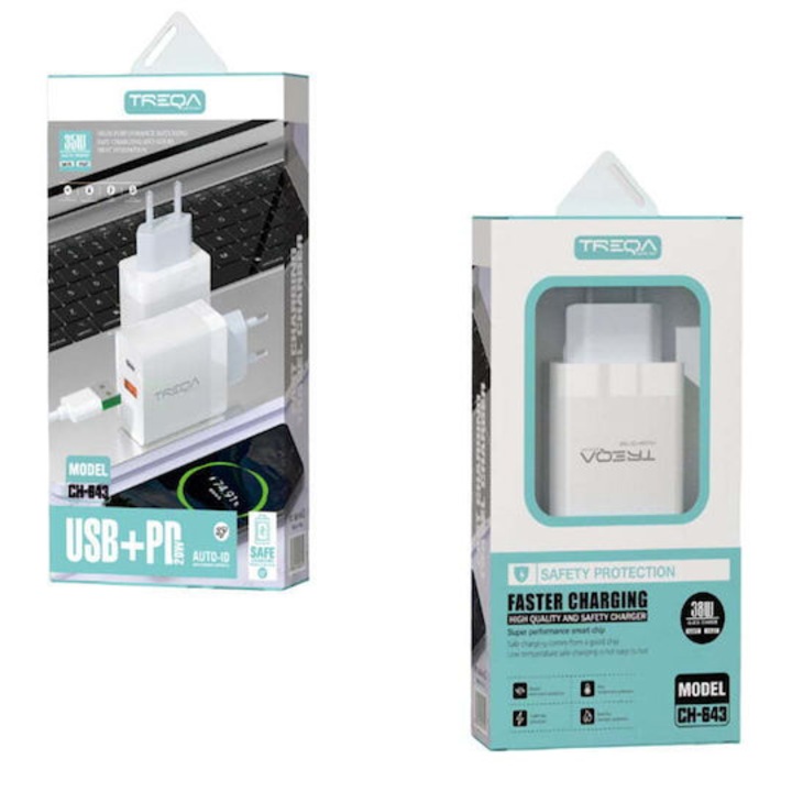 Treqa Töltő USB-A és USB-C porttal, valamint USB-C kábellel 20W Power Delivery Fehér (CH-643)