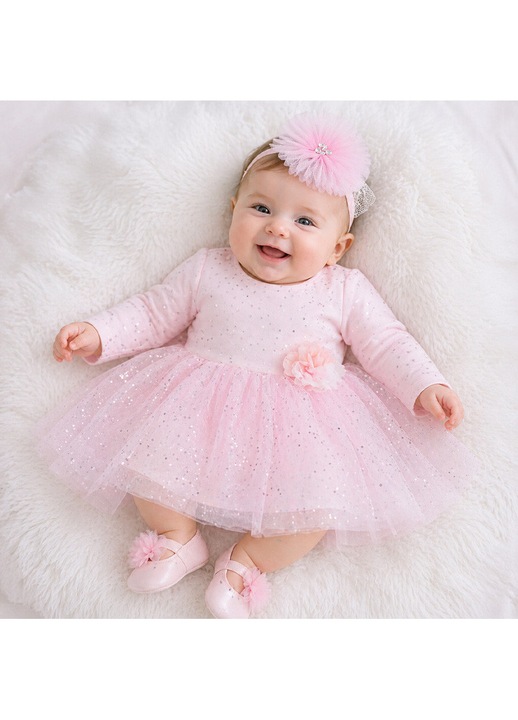 2 részes szett, elegáns ruha és fejpánt lányoknak, Mini Junior, RMJ0503R, Rózsaszín 68 CM