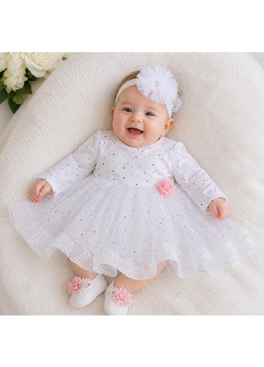 2 részes szett, elegáns ruha és fejpánt lányoknak, Mini Junior, RCH0503A, Fehér 80 CM