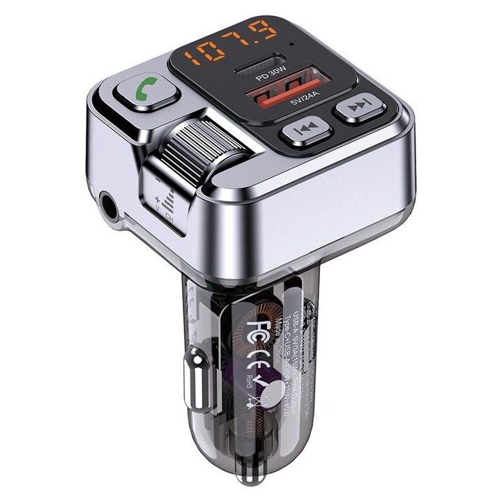 Modulator auto FM cu incarcare Kaku KSC-1062, BT, 45W, 1xUSB-C, 1xUSB-A, PD, QC 3.0, Functie Hands Free, Argintiu