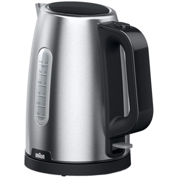 Braun PurShine WK1500BK vízforraló, 2200 W, 1,7 l űrtartalom, rozsdamentes acél, EasyClean, kivehető vízkőszűrő, Ezüst/Szürke