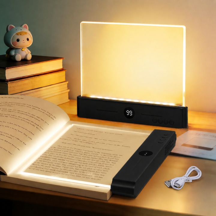 Lampa LED pentru citit in pat Portabila, Reincarcabila USB, 3 Temperaturi de Culoare, Dimmer Reglabil, Panou Policarbonat HD Anti-Orbire, Lampa Carte 2-in-1 cu Timer si Display LED, Lampa de Noapte pentru Dormitor, Negru